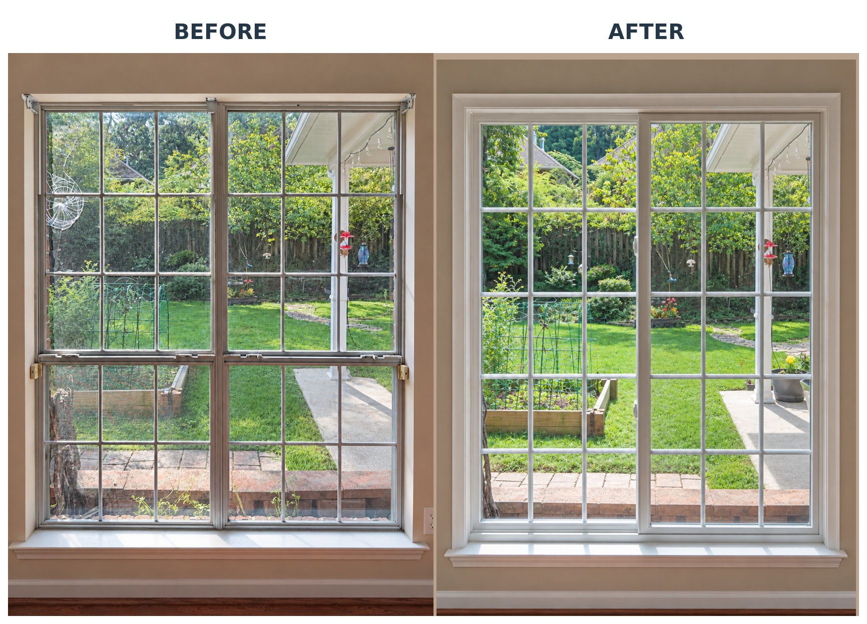 Before and after photos of the same window from inside a home. Before: an aging metal-framed double-hung window with a cracked pane. After: a new white-framed window with grids looking out on the same backyard.
